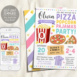 Pizza Popcorn and Pajamas Party Birthday Invitation Template, Movie Party Evite, Slumber Party, Sleepover Birthday Digital Invitation