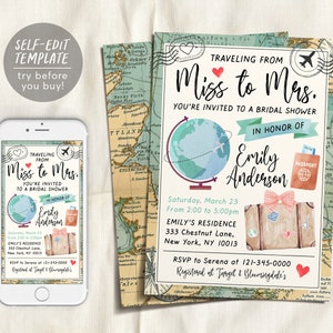 Traveling from Miss to Mrs Invitation Editable Template, Travel Bridal Shower Invite Printable, Vintage World Map Globe Passport Suitcase