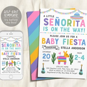 Editable Little Senorita Baby Shower Invitation Template, Fiesta Mexican Pinata Cactus Sombrero Theme, Gender Neutral Sprinkle Party Invite