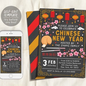 May include: A black and red invitation card with gold accents. The card features a Chinese New Year theme with red lanterns, cherry blossoms, and a fortune cookie. The text on the card reads "Please join us to celebrate Chinese New Year. Hosted by The Zhang Family." The date is 3 Feb, Saturday. The time is from 6:00 to 9:00 PM. The location is Fortune Cookie Restaurant, 333 Chestnut Lane, New York, NY 10013. RSVP to Emily at 121-345-0000.