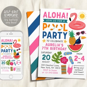 Aloha Pool Party Invitation Editable Template, Tropical Summer Hawaiian ...