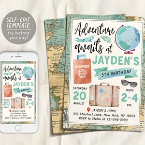 Adventure Awaits Travel Birthday Party Invitation Editable Template, Around the World Vintage Map Passport Digital Invite Printable Evite