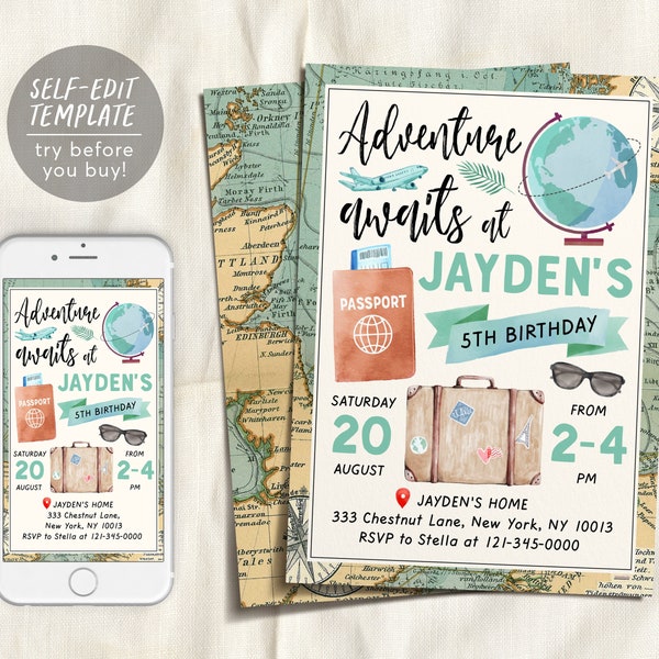 Adventure Awaits Travel Birthday Party Invitation Editable Template, Around the World Vintage Map Passport Digital Invite Printable Evite