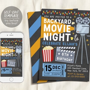 May include: A printable invitation for a backyard movie night party. The invitation features a black chalkboard background with colorful stripes, a movie camera, popcorn, and a clapperboard. The text reads "You are invited to a Backyard Movie Night to Celebrate Elijah's 6th Birthday." The date and time are listed as "15 Dec Saturday 6:00-10:00PM".