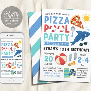 Pizza Pool Party verjaardagsuitnodiging bewerkbare sjabloon, jongen zwemmen zomer thema Evite, Pizza Party Bash Splish Splash digitale uitnodiging