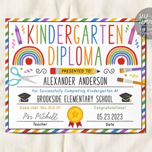 Kindergarten Graduation Diploma Editable Template, Kindergarten Certificate of Completion Printable, Preschool PreK Ceremony Announcement