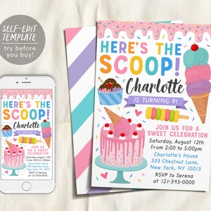 Ice Cream Birthday Party Invitation Editable Template, Ice Cream Cone Cake Sweet One Summer Invite, Birthday Girl Pink Blush Evite