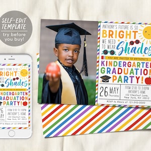 Invitación a la fiesta de graduación de jardín de infantes con plantilla editable con fotografía, invitación de anuncio de ceremonia de clase preescolar, nuestro futuro es brillante