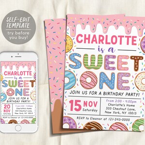 Donut Sweet One Birthday Party Invitation Editable Template, Baby Girl 1st Birthday Invite Printable , Cute First Birthday Rainbow Sprinkle