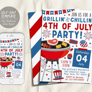 4th of July Invitation Editable Template, Fourth of July Celebration BBQ Invite, Independence Day Grillin And Chillin, Backyard Fireworks