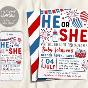4th of July Gender Reveal Party Editable Template, Fourth of July Baby Shower Invitation, Little Firecracker Fireworks He Or She BabyQ Co-ed