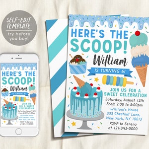 Ice Cream Birthday Party Invitation Editable Template, Ice Cream Cone Cake Sweet One Summer Invite, Birthday Boy Unisex Blue Evite