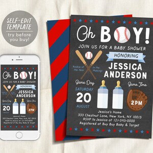 Editable Oh Boy Baby Shower Invitation Template, Sports Baseball Shower Invite, It&#39;s a Boy Invitation, Rookie of the Year, Baseball Theme