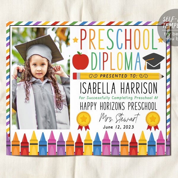 Preschool Graduation Diploma With Photo Editable Template, PreK Kindergarten Certificate of Completion, Personalized School Pre-K Sign