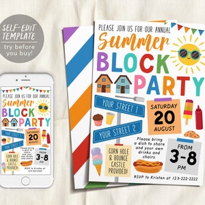 Modèle modifiable d'invitation de fête de quartier, Summer Street Neighborhood Block Party BBQ Invite imprimable, Open House HOA Community Dinner