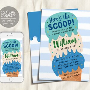 Ice Cream Birthday Party Invitation Editable Template, Here's The Scoop Pastel Ice Cream Truck 1st 2nd 3rd 4th Birthday Boy Summer Invite