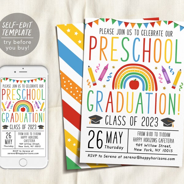 Preschool Graduation Invitation Editable Template, Pre-K Kindergarten Class Graduation Announcement, Graduation Ceremony Invite Evite