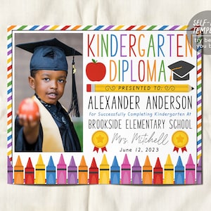Kindergarten-Abschlussdiplom mit Foto-bearbeitbarer Vorlage, Kindergarten-Abschlusszertifikat, Vorschulzeremonie-Ankündigung