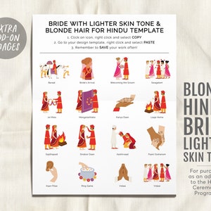 May include: A chart with illustrations of different Hindu wedding ceremony traditions. The bride is depicted with lighter skin and blonde hair. The text reads "Bride with Lighter Skin Tone & Blonde Hair for Hindu Template".