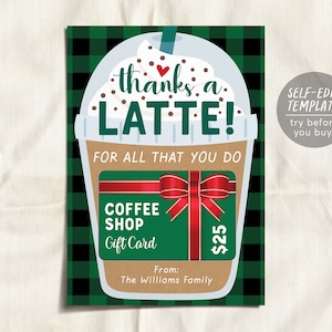 Merci un porte-carte cadeau café Latte modèle modifiable imprimable, Frappuccino Frappe cadeau, cadeau de remerciement pour enseignant Babysitter Daycare