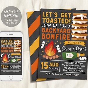 Let&#39;s Get Toasted Backyard Bonfire Invitation Editable Template, Fall Harvest Autumn S&#39;mores Bonfire And Cocktails Party Invite Printable