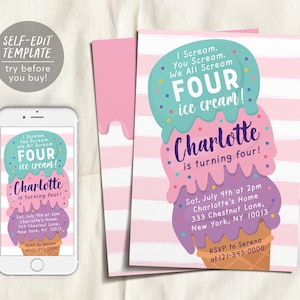 Ice Cream Birthday Party Invitation Editable Template, I Scream You Scream We All Scream Four Ice Cream Truck 4th Birthday Summer Invite
