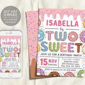 Donut Two Sweet Birthday Party Invitation Editable Template, Baby Girl 2nd Birthday Invite Printable, Cute Second Birthday Rainbow Sprinkle