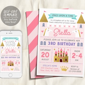 Editable Princess Birthday Invitation Template, Castle Pink and Gold Invitation, Royal Birthday Invitation, Princess 3rd Birthday Invitation