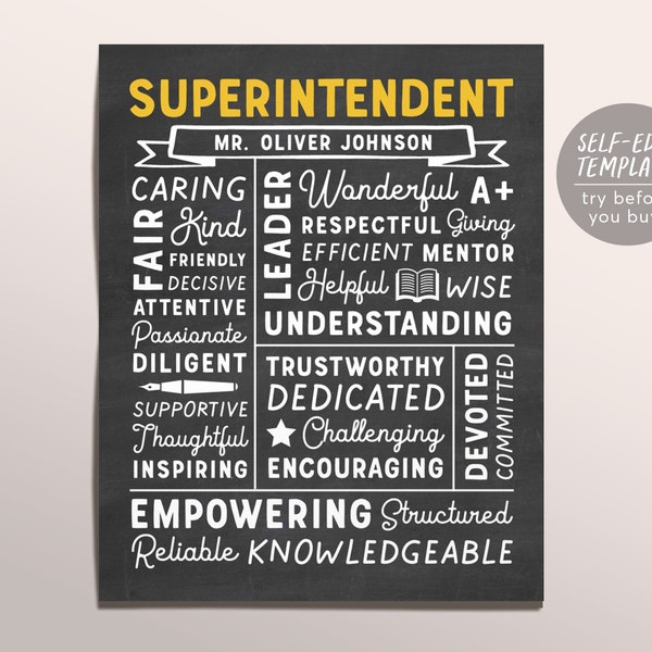 Editable Superintendent Chalkboard Gift Print Template, Custom Personalized Superintendent Teacher Appreciation Christmas, Teachers Day Gift