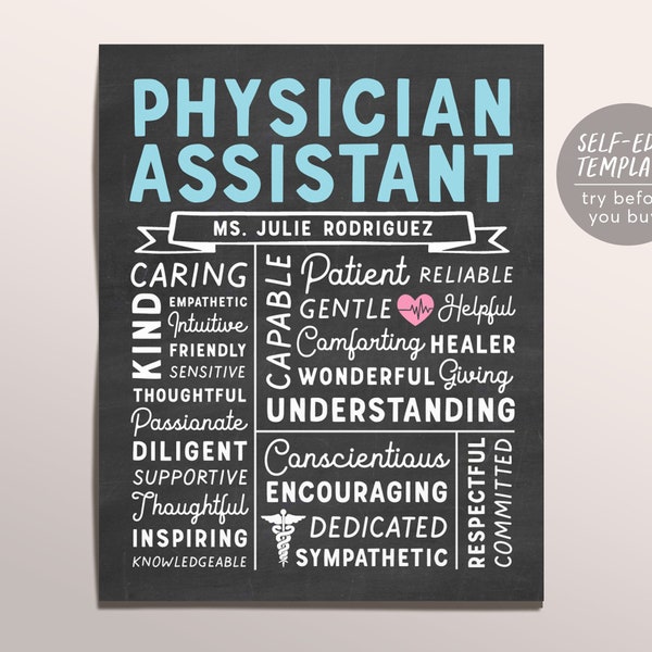 Editable Physician Assistant Chalkboard Gift Print Template, PA Graduation Appreciation Print Poster, Medical Professionals National PA Week