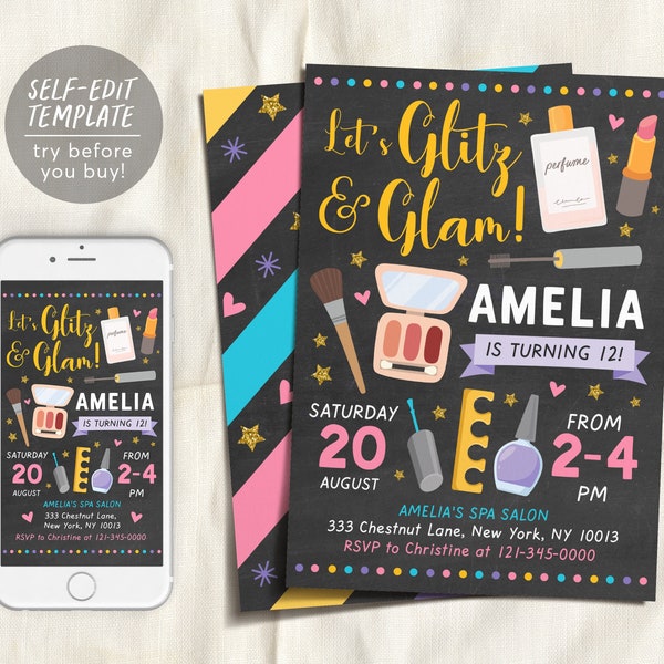 Editable Glitz and Glam Makeover Invitation Template, Glamour Makeup Pamper Party Birthday Invite, Spa Day, Manicure Pedicures, Girl Tween