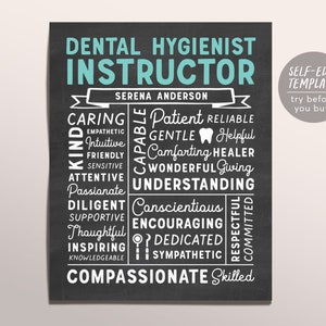 Editable Dental Hygienist Instructor Chalkboard Gift Print Template, Oral Hygienist Educator Appreciation Thank, Graduation Dental Assistant