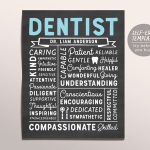 Puede incluir: Un póster imprimible en blanco y negro con la palabra "Dentista" en azul. El póster presenta una lista de atributos positivos para un dentista, que incluyen "cariñoso", "amable", "capaz", "paciente", "fiable", "amable", "servicial", "compasivo" y "habilidad".