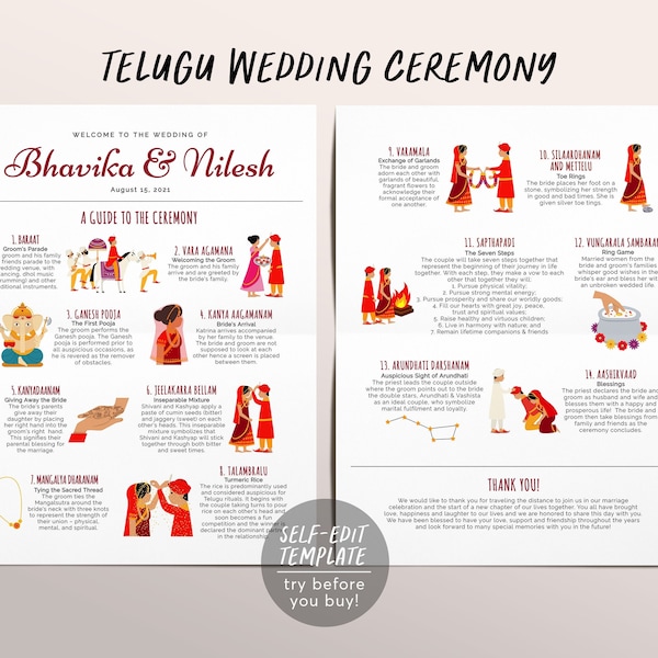 Editable Telugu Ceremony Program, Telugu Wedding Program, South Indian Wedding Ceremony, Hindu Wedding Ceremony Program, Hindu Infographic