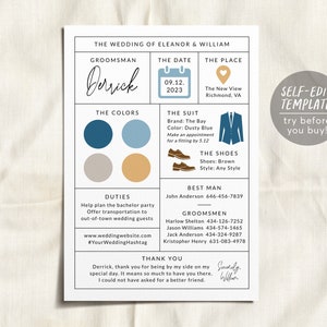 Groomsman Info Card Editable Template, Groomsmen Expectations Info Proposal Card, Best Man Information Card, Minimalist Modern Infographic