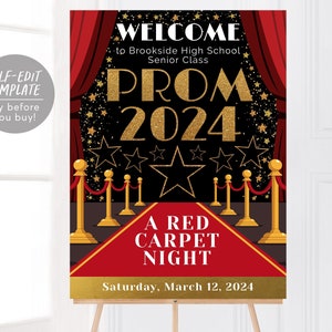 May include: A red carpet welcome sign for a high school prom. The sign features a black background with gold glitter, stars, and the text "Welcome to Brookside High School Senior Class Prom 2024 A Red Carpet Night Saturday, March 12, 2024".