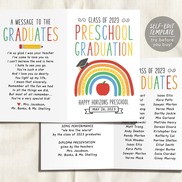 Graduation Program Editable Template for Preschool, Pre-K Ceremony Program Child Care Learning Center, Pamphlet Booklet Daycare Commencement