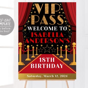 VIP Pass Birthday Welcome Sign Editable Template, Red Carpet Hollywood Theme Party Poster, VIP Access Sweet 16 18th Birthday Decor Printable