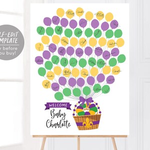 Mardi Gras Balloon Baby Shower Guest Book Christening Alternative Editable Template, Kings Cake Fat Tuesday Guestbook Sign, Unisex Sign-In