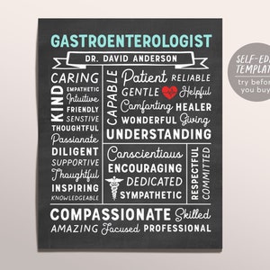Editable Gastroenterologist Chalkboard Gift Print Template, Gastroenterology Colon Doctor Appreciation Poster Graduation Medical Student