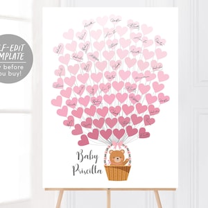 Teddy Bear GIRL Baby Shower Guestbook Alternative Editable Template, Balloons Basket Signature Guest Book, First Communion, Sign-In Balloons