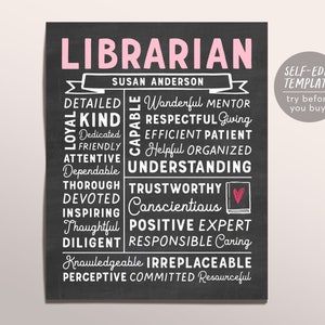 Editable Librarian Chalkboard Gift Print Template, School Librarian Assistant Personalized Thank You Christmas Gift Public Library