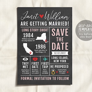 Save the Date Hochzeitsvorlage bearbeitbar, lange Geschichte kurz druckbar, Infografik Save the Date Karteneinladung, lustige Hochzeitsinfografik