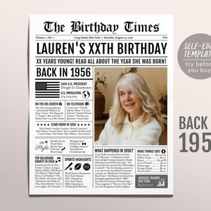 Back in 1956 Birthday Newspaper Editable Template, 67 68 69 Years Ago, 67th 68th 69th Birthday Sign Decorations Decor for Men or Women