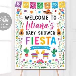 Fiesta Baby Shower Willkommensschild Bearbeitbare Vorlage, mexikanisches Thema Sprinkle Coed Paare Dusche Poster, Kaktus Sukkulenten Piñata Signage