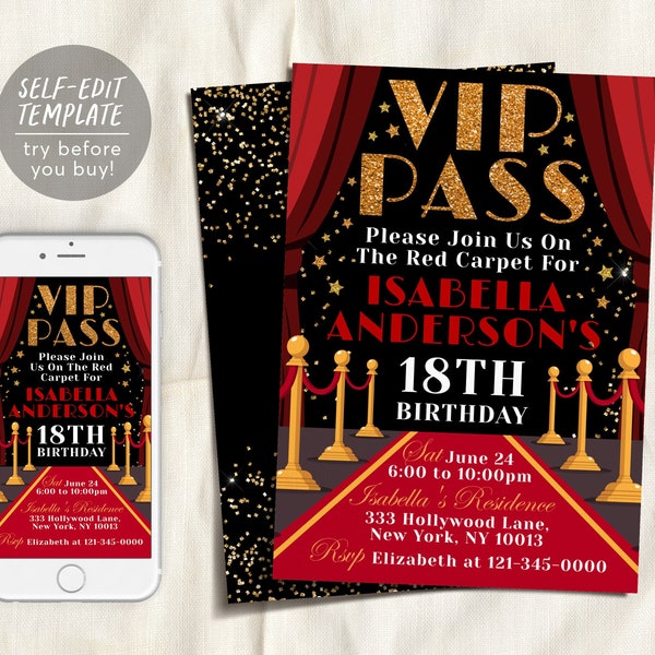 VIP Pass Birthday Invitation Editable Template, Hollywood Red Carpet Invite, Movie Star Glam Party Quinceanera, 18th Birthday Gold Black Red