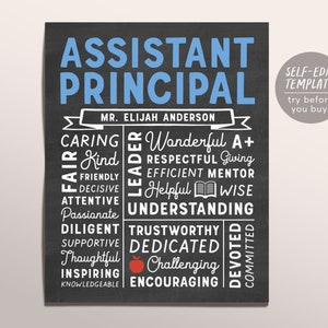 Editable Assistant Principal Chalkboard Gift Print Template, Personalized School Principal Appreciation Sign Poster Printable Educator