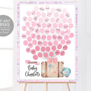 Wereldkaart Reizen Thema Meisje Baby Douche Ballon Gastenboek Alternatieve bewerkbare sjabloon, Avontuur Bloemen Globe Kaart Roze Gastenboek Aanmelden