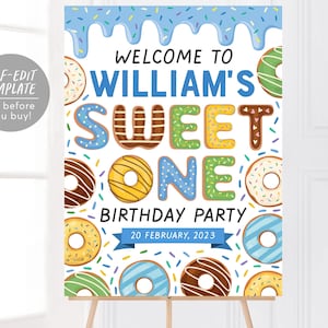 Donut Welcome Sign Boy Sweet One Party Editable Template, Donut First Birthday Party Poster Decor Printable File, Doughnut Themed Sprinkles