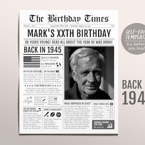 1945 年の誕生日新聞編集可能テンプレート、78 79 80 年前、78 歳 79 歳 80 歳の誕生日サイン装飾男性または女性用